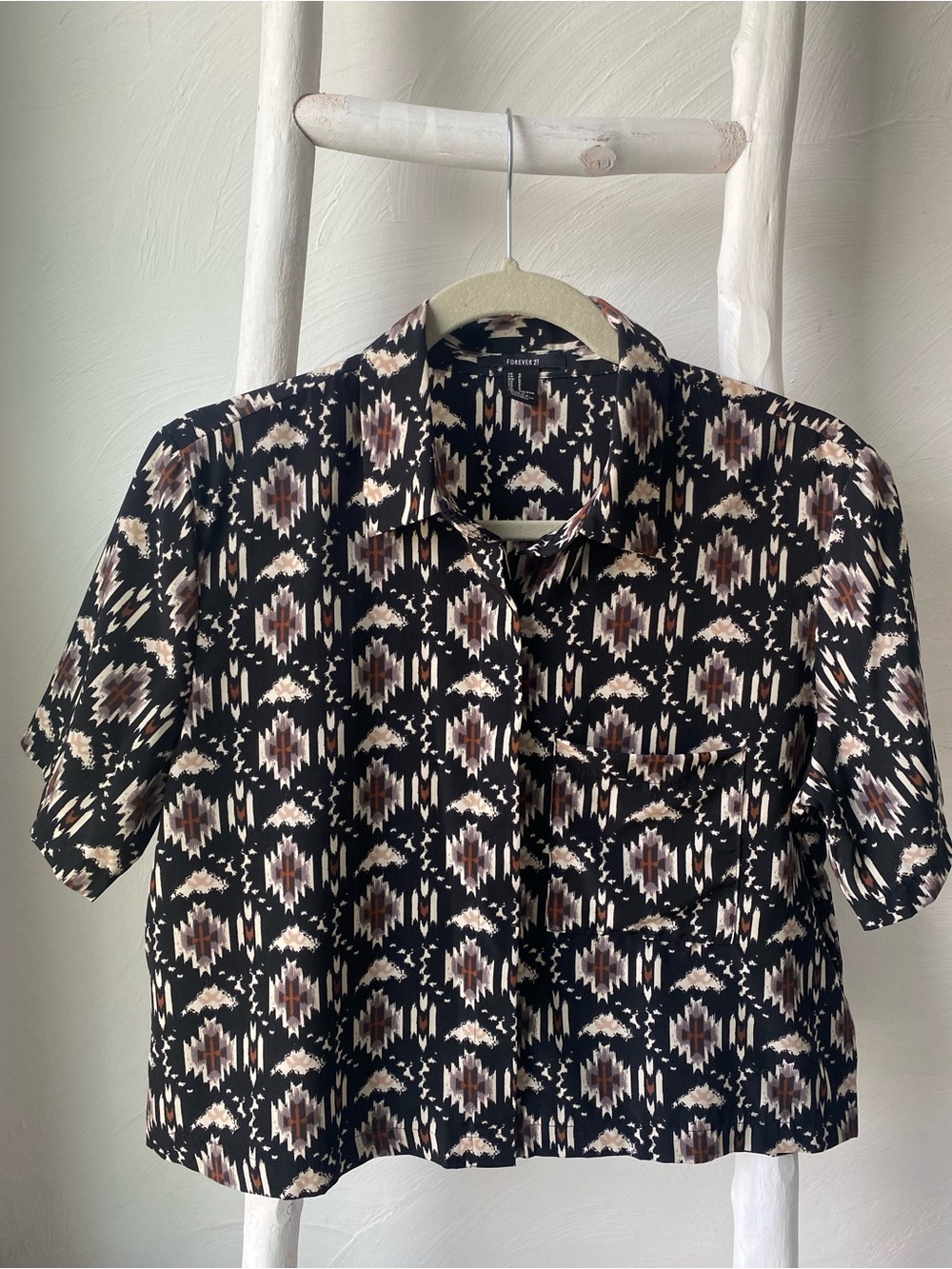 Y2K Geometric Black Short-Sleeve Button Front Top